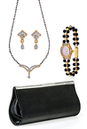 Oleva Mangalsutra Set, Pearl Watch and Black Clutch Bag 