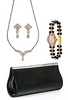 Oleva Mangalsutra Set, Pearl Watch and Black Clutch Bag 