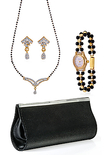 Oleva Mangalsutra Set, Pearl Watch and Black Clutch Bag 