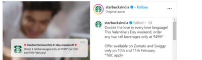 Starbucks Valentine’s Offer (Any 2 Tall Beverages at 499)