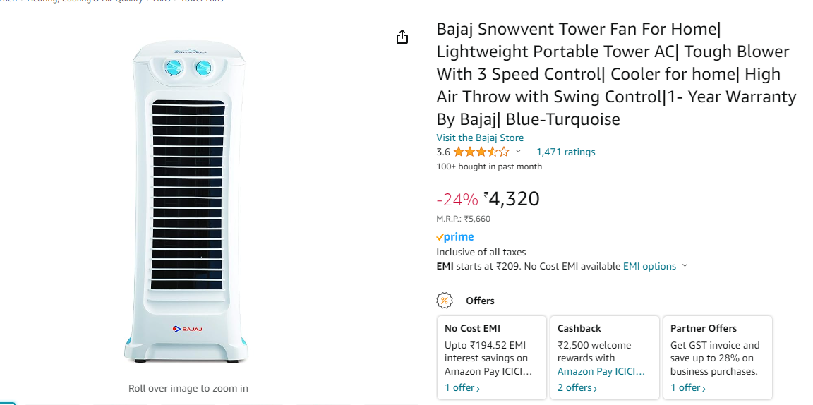 Bajaj Snowvent Tower Fan For Home Lightweight Portable Tower AC DesiDime