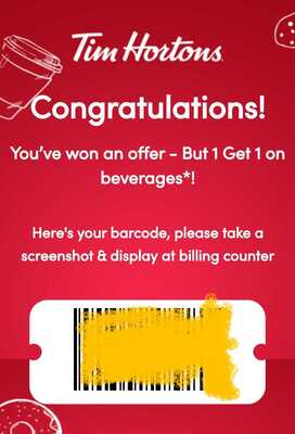 Tim Hortons coffee buy 1 get 1 free offer barcode