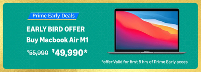 Amazon Great Indian Sale Early Bird Offer on Macbook Air M1 at ₹49,999 (Prime members exclusive)