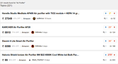 Find all recent deals for a product only (ex: Air Purifiers) on Amazon to compare different deals & prices
