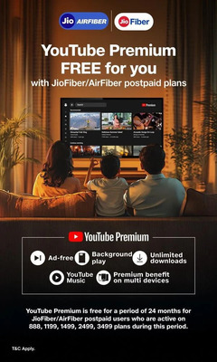 YouTube Premium Free for 2 Years with JioFiber and JioAirFiber Postpaid Plans!