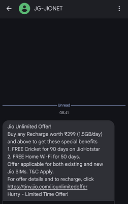 sms from Jio on IPL Unlimited offer