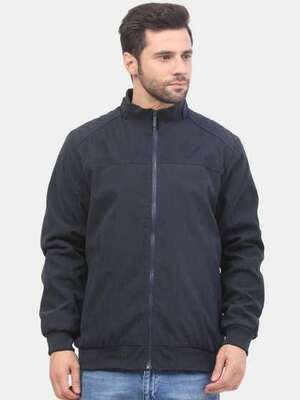 Mast & Harbour Navy Blue Stand Collar Bomber Jacket