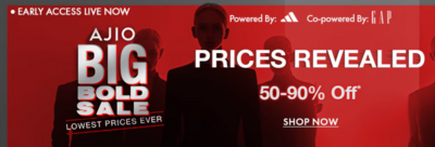 Ajio Big Bold Sale Offers on Fashion Brands: GAP, Shein, H&M, Crocs, Adidas, Nike, Puma, Buda Jeans, Skechers and more.
