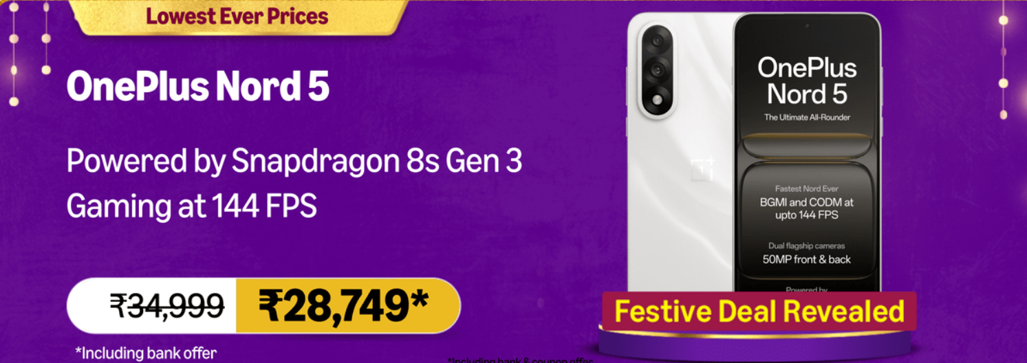 Price of the OnePlus Nord 5 in Amazon Great Indian Festival Sale 2025?