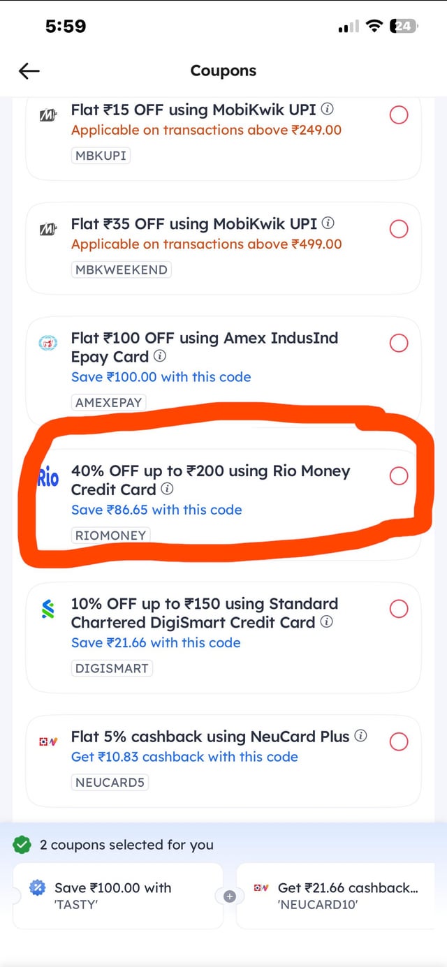 Riocard 40% upto 200 unlimited use trick for zomato, BMS, Swiggy
