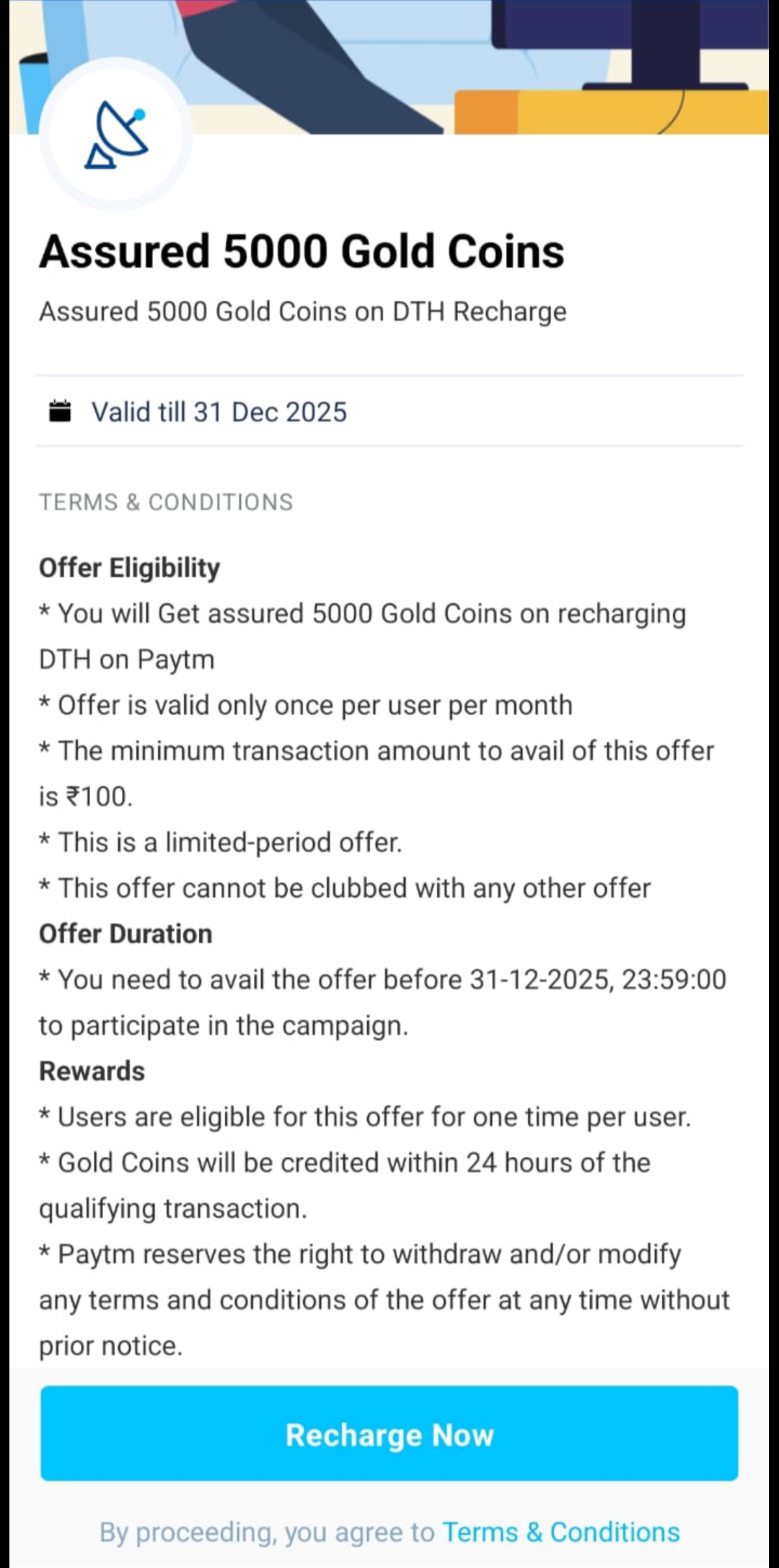 Get ₹50 Cashback (Digital Gold) on min ₹100 DTH Recharge: Paytm
