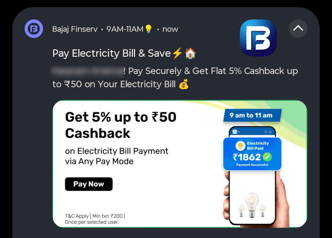 Get 5% Cashback (upto ₹50) on Electricity Bill Payment of min