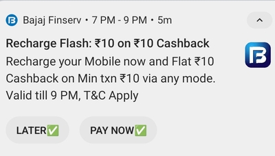 Bajaj- Recharge now and Flat ₹10 Cashback on Min txn ₹10 via any mode