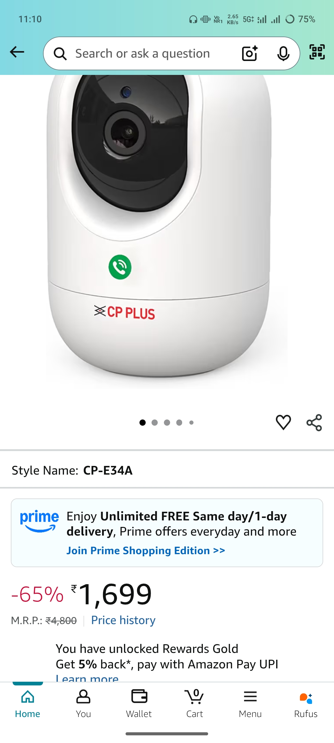 CP PLUS 3 MP Full HD Wi-Fi PT Security Video Camera | 360°View with Motion  Detection | Night Vision | Two Way Talk | Supports Alexa & OK Google | 15  Mtr, White - CP-E34A | DesiDime