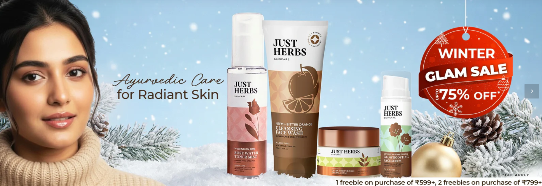 JustHerbs Christmas Winter Glam Sale is Live! Upto 75% OFF + Free Gifts + 15% Coupon Code