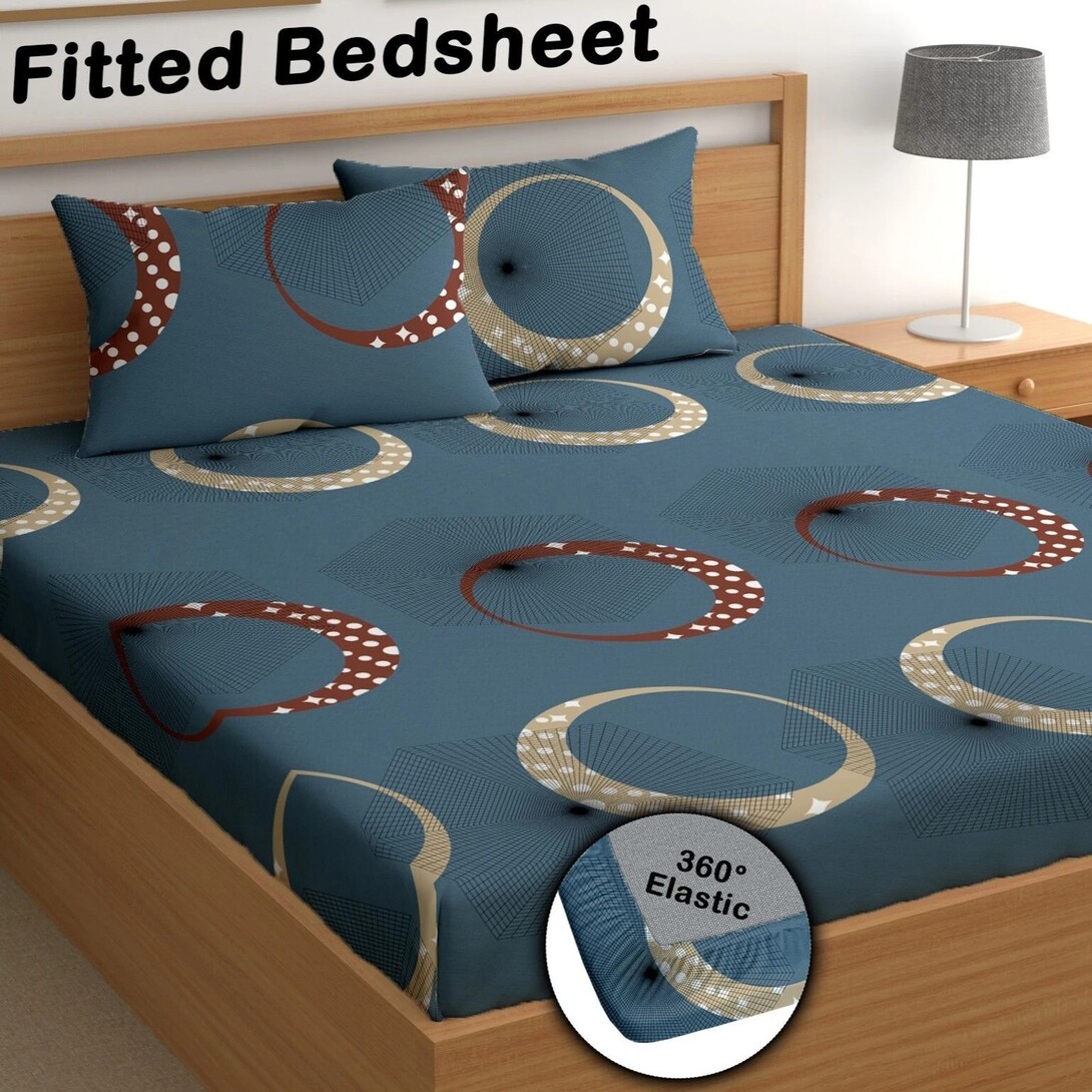 CG Homes Cotton Double Fitted (Elastic) 180 TC Printed Bedsheet (Pack of 1, Blue)