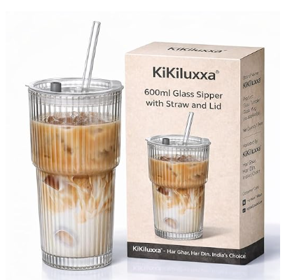 KiKiluxxa Coffee Glass Mug Sipper with Straw and Lid 1 pcs -600ml