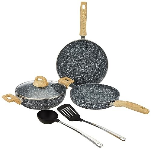 Amazon Basics Granite Finish Non Stick 5 Pcs Induction Base Cookware Set-Granito Grey 