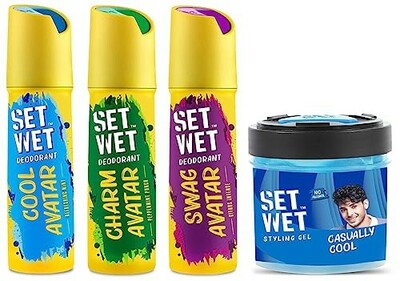 Set Wet Deodorant Spray Perfume (Pack of 3) and Cool Hold Strength Hair Gel, 250ml for Men