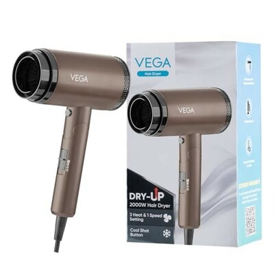 Vega Dry-Up 2000 Watts Hair Dryer For Men & Women with 3 Heat & 1 Speed Setting & Cool Shot Button, Blow Dryer, Foldable Hair Dryer with Over Heat Cut-Out, Blow Dry Effortless Hair Style, (VHDH-36)