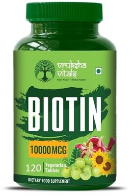 Vruksha Vitals Biotin 120 tablets - 10000 mcg per tablet - Biotin for Hair Growth, Nails and Skin