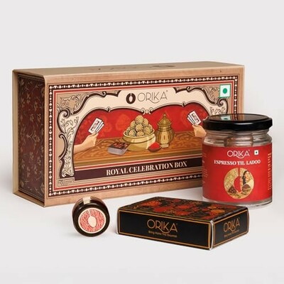 Royal Celebration Gift Box with Kashmiri Pampore Saffron 0.25g, Espresso Till Laddoo 70g & Premium Playing Cards 