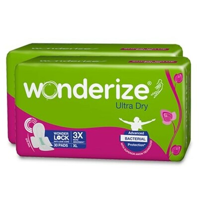 Wonderize Ultra Dry Sanitary Pads - XL Size 310mm Super Saver Pack - Pack of 2 | 60 Pads