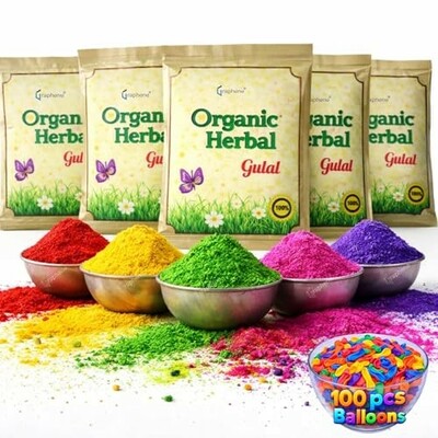 GRAPHENE 5 Pack Holi Herbal Gulal Colour Powder for Kids Organic Phool Color Holi Gift Combo & 100 Water Balloons Non-toxic Natural Skin Safe Abeer Gulaal Yellow Red Blue Orange Purple (5×80gm)