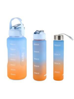 Cello Blue & Orange 3Pc Motivational Gym Colourblock BPA Free Water Bottle