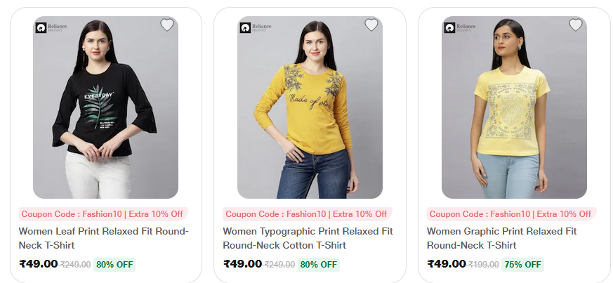 Women Round-Neck T-Shirt Starting Price Rs.49 - 70% to 80% Discount