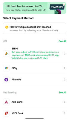 CHEQ- upto 100 cb on cc bill payment through BHIM 3 times