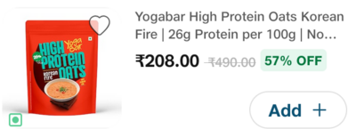 JIOMART SCHEDULED - Yogabar high protein oats korean fire (26g protein per 100g) 1kg at 208