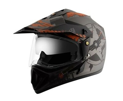 Vega Off Road Secret ISI Certified Matt Finish Full Face Dual Visor with Peak Helmet for Men and Women Outer Clear Visor and Inner Smoke Sun Visor(Dull Anthracite Black, Size:M)