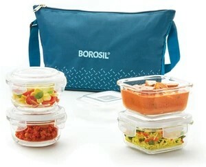  BOROSIL Teal Daisy Bag, 4 Pc (320ml x 2 Square + 240ml x 2 Round)