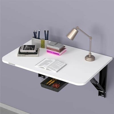 MY ARMOR Wall Mounted Round Corner Folding Wall Study Table with Drawer - White- 24 x16 Inches
