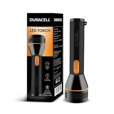 Duracell LED Torch Light, Super Bright, 6000 LUX, Ultra-Light and Easy to Carry Design, Large Reflector, for Everyday Use, 2AA Batteries Free, Black