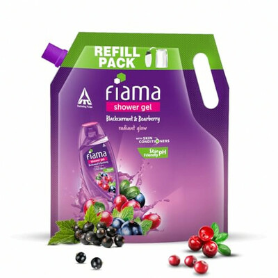 Fiama Body Wash Shower Gel Blackcurrant & Bearberry, 1.4L Bodywash Refill Value Pouch for Women & Men with Skin Conditioners for Radiant Glow, Skin Friendly pH
