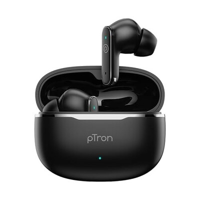 pTron Bassbuds Eon in-Ear TWS Earbuds w/ 13mm Drivers, 45Hrs Playtime, Dual HD Mic & TruTalk AI-ENC Calls, Custom EQ,Mobile App, Bluetooth v6.0 Headphones,Voice Assist., Type C Charging & IPX5 (Black)