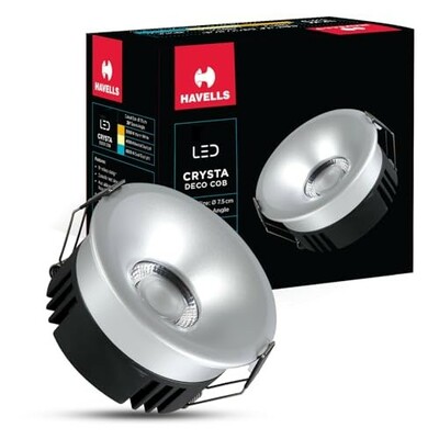 Havells Crysta Deco Cob 18W 6K Silver,Led-Spotlights,Energy Efficient,Long Life of 25000 Burning Hours,Beam Angle of 36°,Metal Body Cob with Independent Driver,Cool Daylight (6500K)