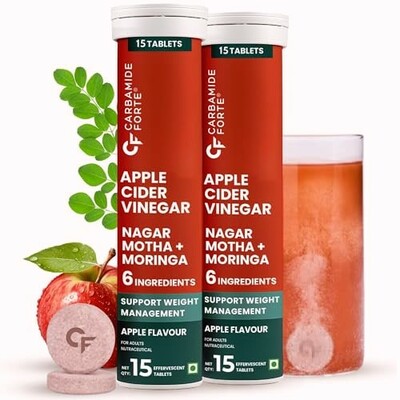 Carbamide Forte ACV Apple Cider Vinegar Tablets | ACV Moringa for Weight Loss with Cinnamon and Moringa Powder | No Maltodextrin & No Added Sugar | 15 ACV Effervescent Tablets (Pack of 2)