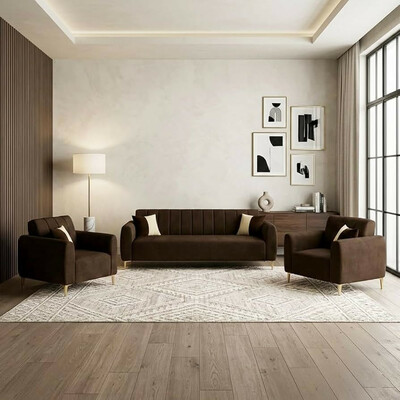 CASACOMFORT Habibi Rich Velvet Suede 3+1+1 Seater Sofa Set | Spacious Soft Touch Comfort Seating | 5 Person Seating | Modern Living Room Sofa Set (Dark Brown) 