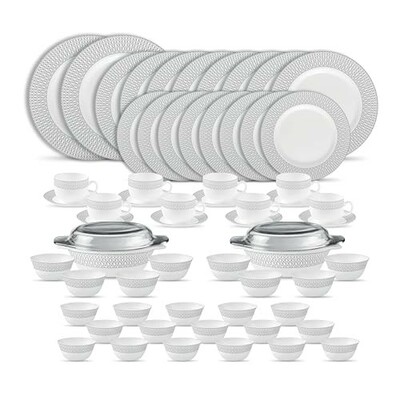 La Opala Diva Velvett Collection Opal Glass Crockery | for Family of 8 | Dinner Set 62 pcs Tudor Grey 