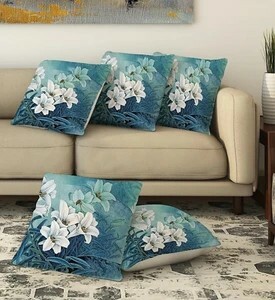 ShopGlobal Floral Cushions Cover (Pack of 5, 40 cm*40 cm, Blue)