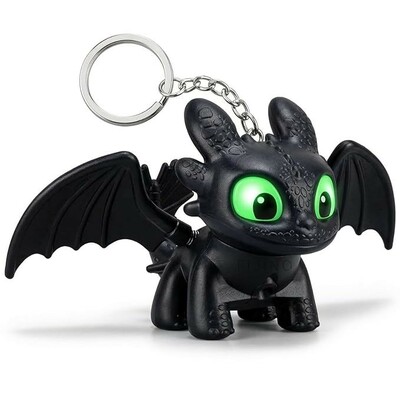 Dragon Keychain Toy with Moving Wings and Light, On Off Switch, Black Color (Night Fury)
