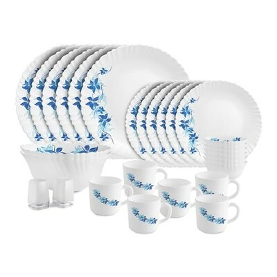 Cello Dazzle Series Blue Swirl Opalware Dinner Set | 28Pcs | White | Microwave & Dishwasher Safe | Light-Weight & Durable | Chip & Scratch Resistant | Apply 20% Coupon