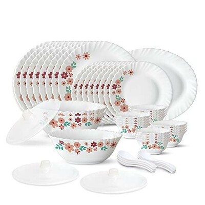 Larah by Borosil Ayana Silk Series Opalware Dinner Set | 47 Pieces for Family of 8 | Microwave & Dishwasher Safe | Bone-Ash Free | Crockery Set for Dining & Gifting | Plates & Bowls | White