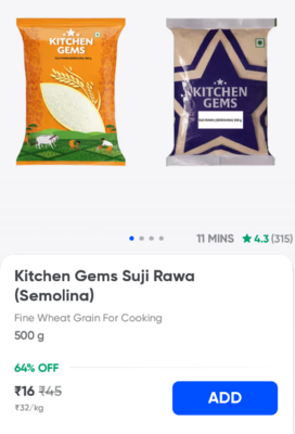 Instamart - Kitchen Gems Sooji 500g - 16rs & Other deals , Available for 560034