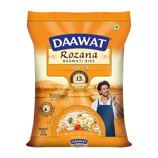 Daawat Rozana Super Basmati Rice 5Kg| For Everyday Consumption| Cooked Grain Upto 13mm*| Naturally Aged 