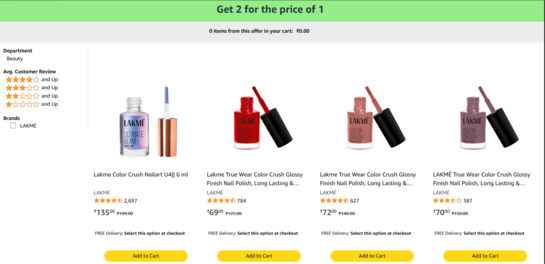 Lakme Loot : Buy 1 Get 1 Free, Add Any 2 Qty & Check Final Checkout Page.