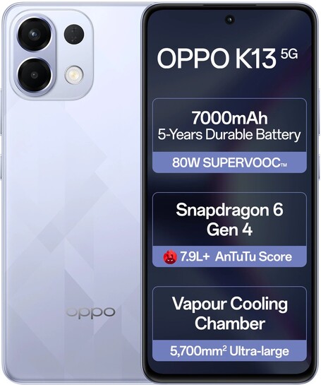 Oppo K13 5G with 7000mAh and 80W SUPERVOOC Charger In-The-Box (Icy Purple, 128 GB) 
